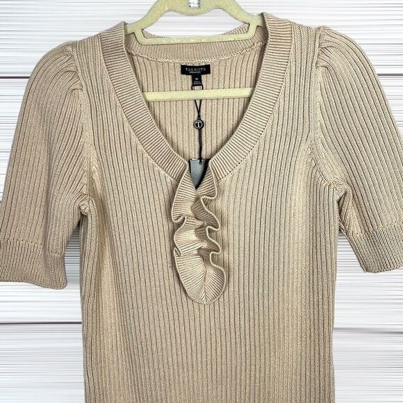 NWT TALBOTS Cotton Tan Sweater Top Rib Knit V-Neck Ruffle Details Short Sleeve M - Picture 2 of 10